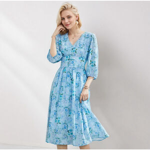 Blue 100% Silk Chiffon Dresses Elastic Waist Summer Style S-M MSRP $279
